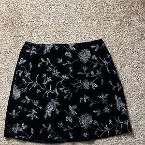 Black Velvet A-Line Skirt with Silver Floral Embroidery